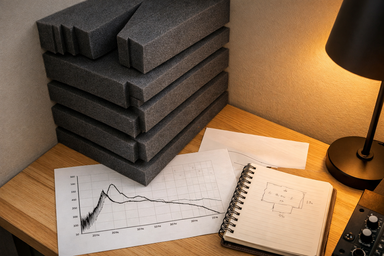 Close-up overhead view of a home studio corner showing stacked bass trap panels in charcoal grey foam wedged into a room
