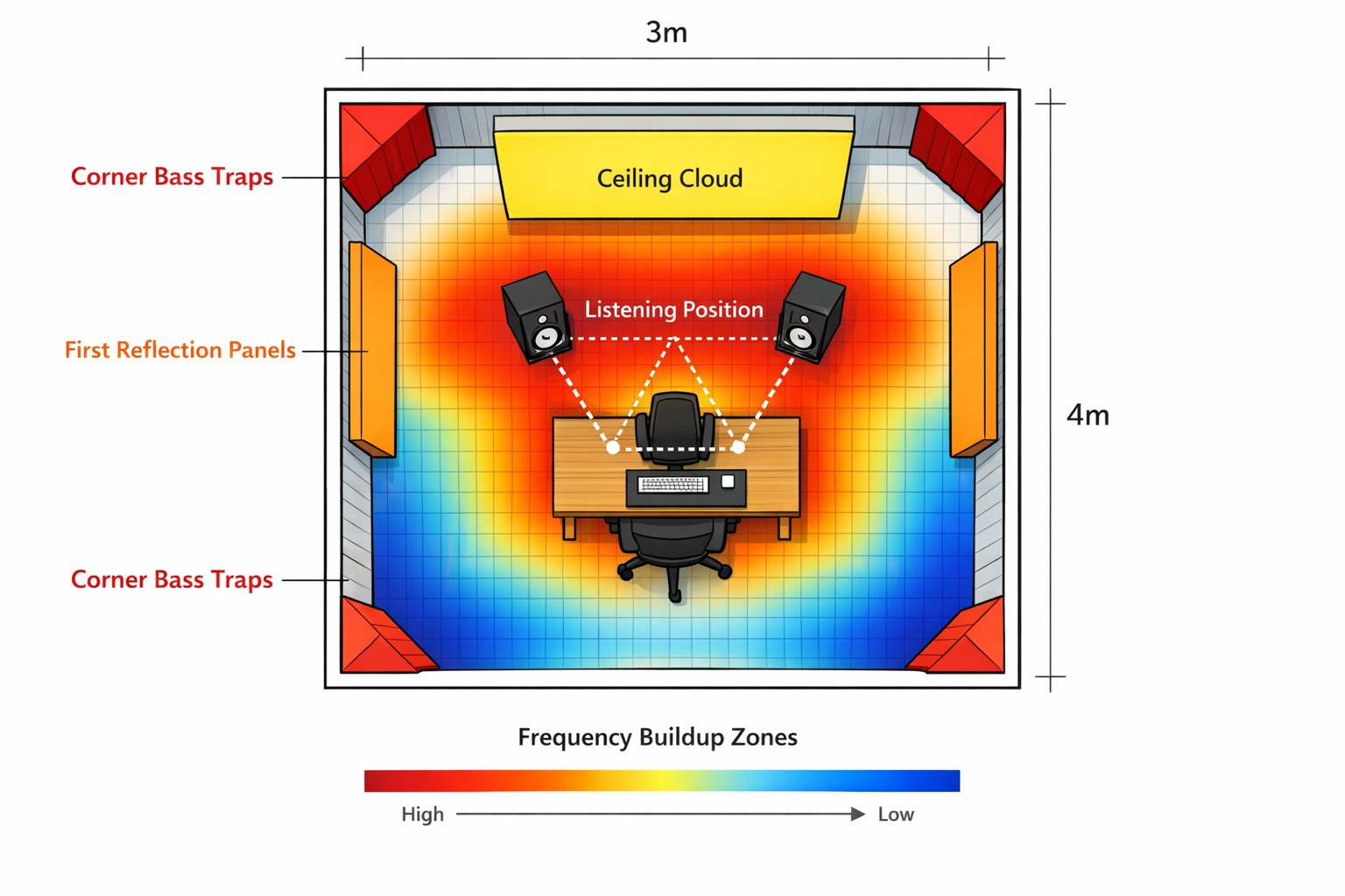 Landscape format (1536x1024) top-down floor plan view of small rectangular home studio room (3m x 4m) with strategic acoustic treatment plac